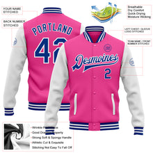 Laden Sie das Bild in den Galerie-Viewer, Custom Pink Royal-White Bomber Full-Snap Varsity Letterman Two Tone Jacket
