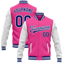 Laden Sie das Bild in den Galerie-Viewer, Custom Pink Royal-White Bomber Full-Snap Varsity Letterman Two Tone Jacket

