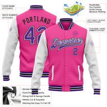 Загрузить изображение в средство просмотра галереи, Custom Pink Purple White-Black Bomber Full-Snap Varsity Letterman Two Tone Jacket
