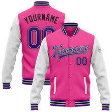 Charger l&#39;image dans la galerie, Custom Pink Purple White-Black Bomber Full-Snap Varsity Letterman Two Tone Jacket
