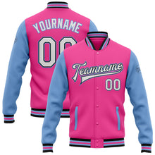 Charger l&#39;image dans la galerie, Custom Pink White Black-Light Blue Bomber Full-Snap Varsity Letterman Two Tone Jacket
