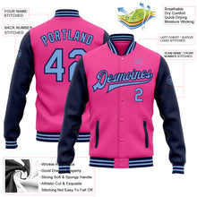 Laden Sie das Bild in den Galerie-Viewer, Custom Pink Light Blue-Navy Bomber Full-Snap Varsity Letterman Two Tone Jacket
