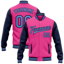 Laden Sie das Bild in den Galerie-Viewer, Custom Pink Light Blue-Navy Bomber Full-Snap Varsity Letterman Two Tone Jacket
