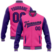 Laden Sie das Bild in den Galerie-Viewer, Custom Pink Purple-Black Bomber Full-Snap Varsity Letterman Two Tone Jacket

