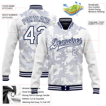 Load image into Gallery viewer, Custom White Navy 3D Pattern Design Bomber Full-Snap Varsity Letterman Jacket
