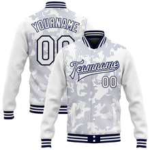 Load image into Gallery viewer, Custom White Navy 3D Pattern Design Bomber Full-Snap Varsity Letterman Jacket
