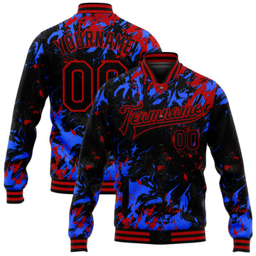 Custom Black Red-Royal 3D Pattern Design Bomber Full-Snap Varsity Letterman Jacket