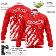 Load image into Gallery viewer, Custom Red White 3D Pattern Design Bomber Full-Snap Varsity Letterman Jacket
