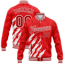 Load image into Gallery viewer, Custom Red White 3D Pattern Design Bomber Full-Snap Varsity Letterman Jacket
