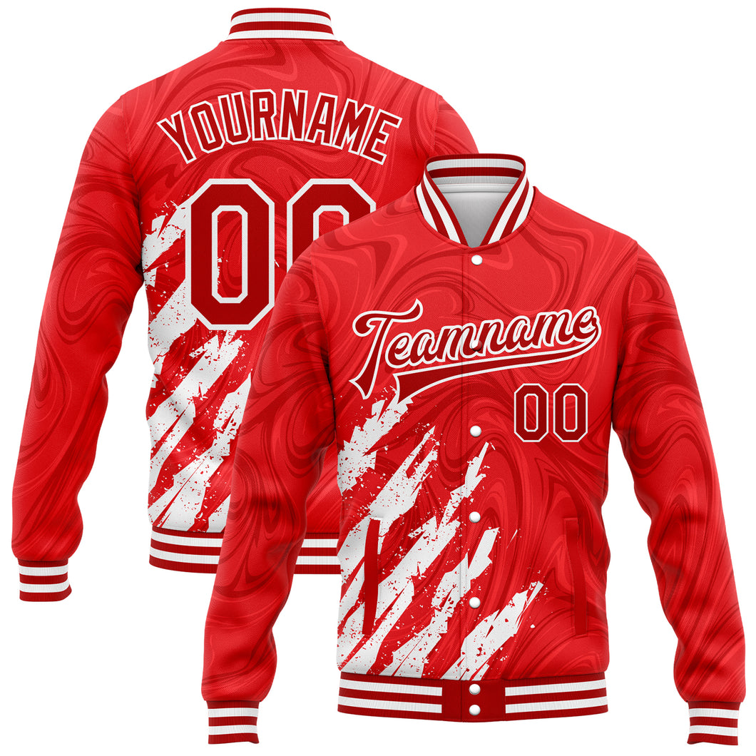 Custom Red White 3D Pattern Design Bomber Full-Snap Varsity Letterman Jacket