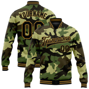 Custom Camo Black-Old Gold Jungle Camouflage 3D Bomber Full-Snap Varsity Letterman Salute To Service Jacket