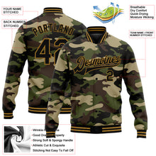 Charger l&#39;image dans la galerie, Custom Camo Black-Old Gold Jungle Camouflage 3D Bomber Full-Snap Varsity Letterman Salute To Service Jacket
