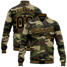 Charger l&#39;image dans la galerie, Custom Camo Black-Old Gold Jungle Camouflage 3D Bomber Full-Snap Varsity Letterman Salute To Service Jacket
