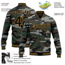 Laden Sie das Bild in den Galerie-Viewer, Custom Camo Black-Old Gold Jungle Camouflage 3D Bomber Full-Snap Varsity Letterman Salute To Service Jacket
