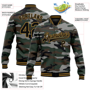 Custom Camo Black-Old Gold Jungle Camouflage 3D Bomber Full-Snap Varsity Letterman Salute To Service Jacket