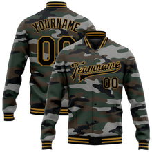 Laden Sie das Bild in den Galerie-Viewer, Custom Camo Black-Old Gold Jungle Camouflage 3D Bomber Full-Snap Varsity Letterman Salute To Service Jacket
