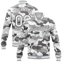 Charger l&#39;image dans la galerie, Custom Camo White-Steel Gray Snow Camouflage 3D Bomber Full-Snap Varsity Letterman Salute To Service Jacket
