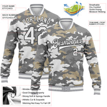 Laden Sie das Bild in den Galerie-Viewer, Custom Camo White-Steel Gray Snow Camouflage 3D Bomber Full-Snap Varsity Letterman Salute To Service Jacket
