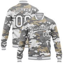 Laden Sie das Bild in den Galerie-Viewer, Custom Camo White-Steel Gray Snow Camouflage 3D Bomber Full-Snap Varsity Letterman Salute To Service Jacket
