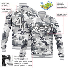 Laden Sie das Bild in den Galerie-Viewer, Custom Camo White-Steel Gray Snow Camouflage 3D Bomber Full-Snap Varsity Letterman Salute To Service Jacket
