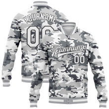 Laden Sie das Bild in den Galerie-Viewer, Custom Camo White-Steel Gray Snow Camouflage 3D Bomber Full-Snap Varsity Letterman Salute To Service Jacket
