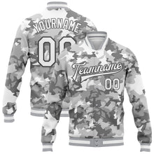 Charger l&#39;image dans la galerie, Custom Camo White-Steel Gray Snow Camouflage 3D Bomber Full-Snap Varsity Letterman Salute To Service Jacket
