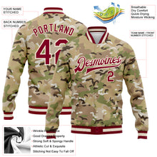 Laden Sie das Bild in den Galerie-Viewer, Custom Camo Maroon-Cream Desert Camouflage 3D Bomber Full-Snap Varsity Letterman Salute To Service Jacket
