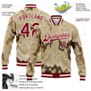 Custom Camo Maroon-Cream Desert Camouflage 3D Bomber Full-Snap Varsity Letterman Salute To Service Jacket