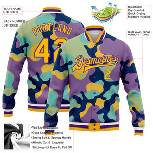 Custom Camo Gold-Purple Fluorescent Camouflage 3D Bomber Full-Snap Varsity Letterman Salute To Service Jacket