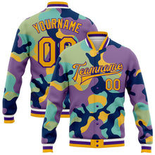 Laden Sie das Bild in den Galerie-Viewer, Custom Camo Gold-Purple Fluorescent Camouflage 3D Bomber Full-Snap Varsity Letterman Salute To Service Jacket
