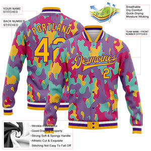 Custom Camo Gold-Purple Fluorescent Camouflage 3D Bomber Full-Snap Varsity Letterman Salute To Service Jacket