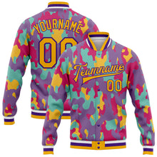 Laden Sie das Bild in den Galerie-Viewer, Custom Camo Gold-Purple Fluorescent Camouflage 3D Bomber Full-Snap Varsity Letterman Salute To Service Jacket
