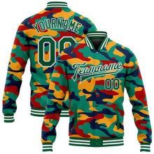 Laden Sie das Bild in den Galerie-Viewer, Custom Camo Kelly Green-White Fluorescent Camouflage 3D Bomber Full-Snap Varsity Letterman Salute To Service Jacket
