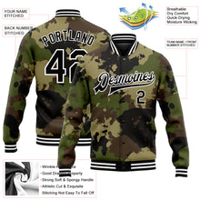 Laden Sie das Bild in den Galerie-Viewer, Custom Camo Black-White Graffiti Camouflage 3D Bomber Full-Snap Varsity Letterman Salute To Service Jacket
