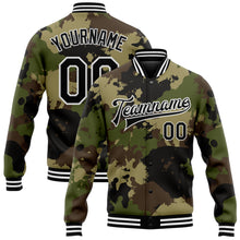 Laden Sie das Bild in den Galerie-Viewer, Custom Camo Black-White Graffiti Camouflage 3D Bomber Full-Snap Varsity Letterman Salute To Service Jacket
