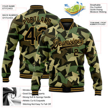 Laden Sie das Bild in den Galerie-Viewer, Custom Camo Black-Old Gold Geometric Camouflage 3D Bomber Full-Snap Varsity Letterman Salute To Service Jacket
