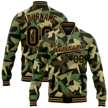 Laden Sie das Bild in den Galerie-Viewer, Custom Camo Black-Old Gold Geometric Camouflage 3D Bomber Full-Snap Varsity Letterman Salute To Service Jacket
