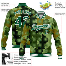 Laden Sie das Bild in den Galerie-Viewer, Custom Camo Kelly Green-White Geometric Camouflage 3D Bomber Full-Snap Varsity Letterman Salute To Service Jacket
