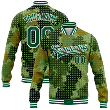 Laden Sie das Bild in den Galerie-Viewer, Custom Camo Kelly Green-White Geometric Camouflage 3D Bomber Full-Snap Varsity Letterman Salute To Service Jacket
