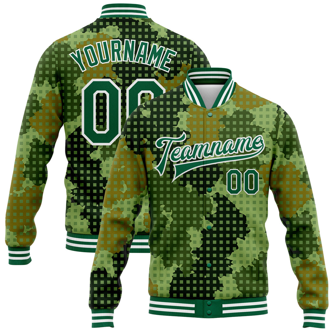 Custom Camo Kelly Green-White Geometric Camouflage 3D Bomber Full-Snap Varsity Letterman Salute To Service Jacket