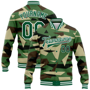 Custom Camo Kelly Green-White Geometric Camouflage 3D Bomber Full-Snap Varsity Letterman Salute To Service Jacket