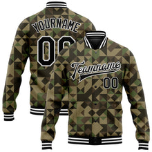 Charger l&#39;image dans la galerie, Custom Camo Black-White Geometric Camouflage 3D Bomber Full-Snap Varsity Letterman Salute To Service Jacket
