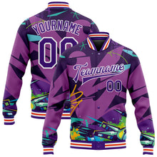 Charger l&#39;image dans la galerie, Custom Graffiti Pattern Purple-White Trendy Abstract Urban Street Art 3D Bomber Full-Snap Varsity Letterman Jacket
