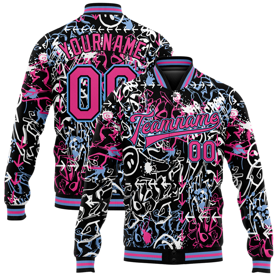 Custom Graffiti Pattern Pink-Light Blue Abstract Grunge Art 3D Bomber Full-Snap Varsity Letterman Jacket