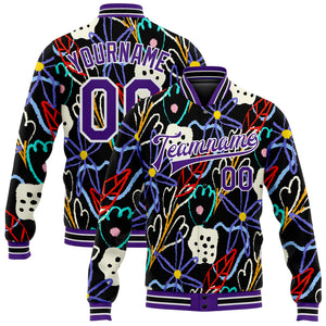 Custom Graffiti Pattern Purple-White Hand Painted Flowers 3D Bomber Full-Snap Varsity Letterman Jacket