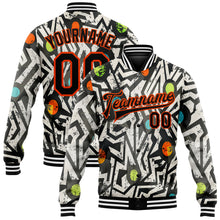 Charger l&#39;image dans la galerie, Custom Graffiti Pattern Black-Orange Modern Geometric Grunge Art 3D Bomber Full-Snap Varsity Letterman Jacket
