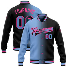 Load image into Gallery viewer, Custom Black Light Blue-Pink Bomber Full-Snap Varsity Letterman Gradient Fashion Jacket
