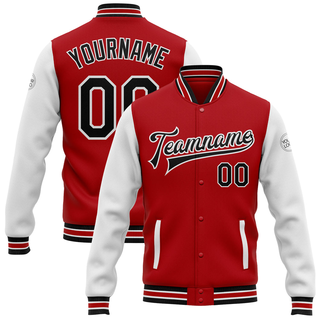 Custom Red Black-White Bomber Full-Snap Varsity Letterman Two Tone Jacket