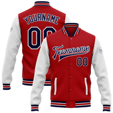 Load image into Gallery viewer, Custom Red Navy-White Bomber Full-Snap Varsity Letterman Two Tone Jacket
