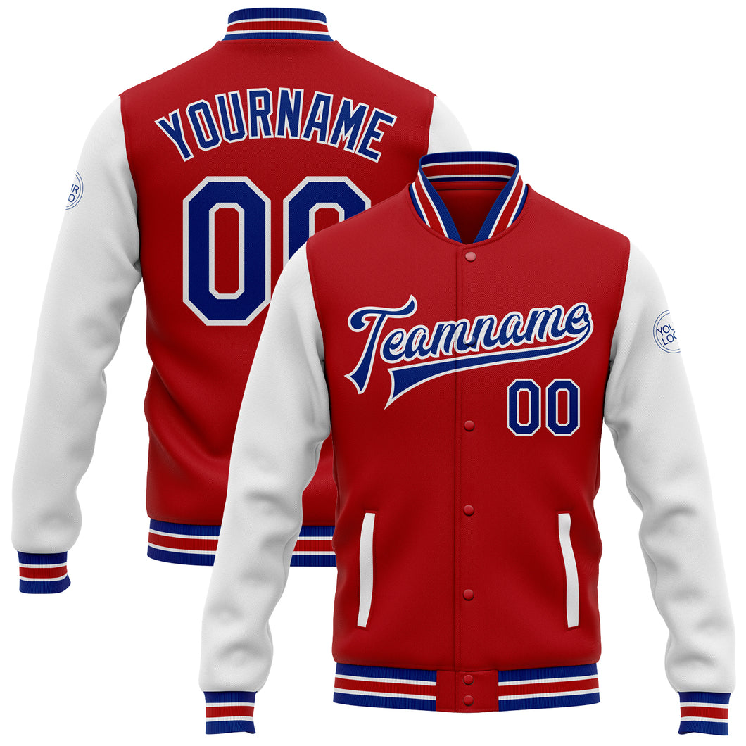 Custom Red Royal-White Bomber Full-Snap Varsity Letterman Two Tone Jacket